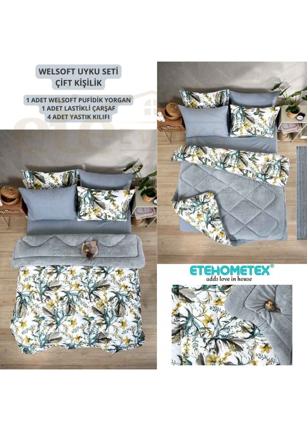 ETE HOMETEX ÇİFT KİŞİLİK WELSOFT UYKU SETİ ASYA GRİ 8696474231978